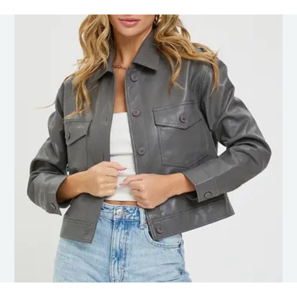 NWOT Sweet Lovely by Jen Size S Gray Faux Leather Utility Jacket